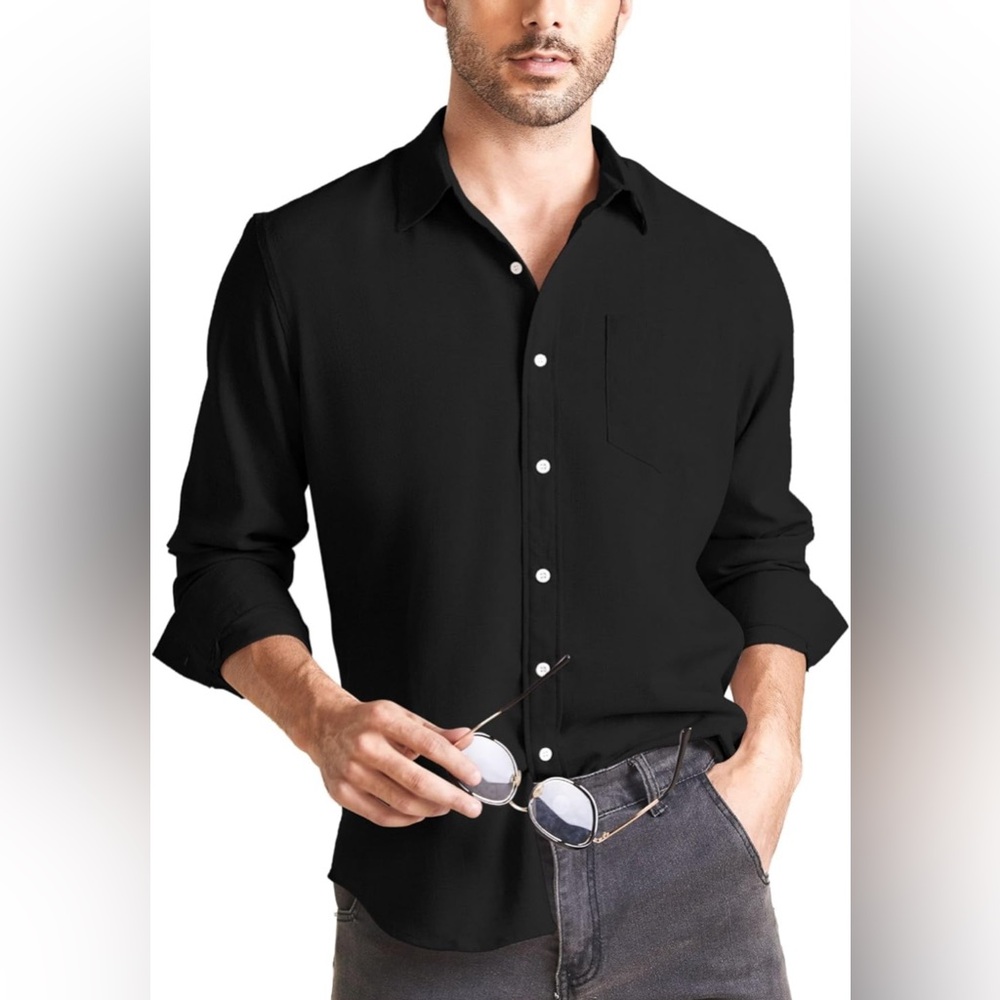 Linen Shirt for Men Short Sleeve Button Down Casual Shirts by Evelom